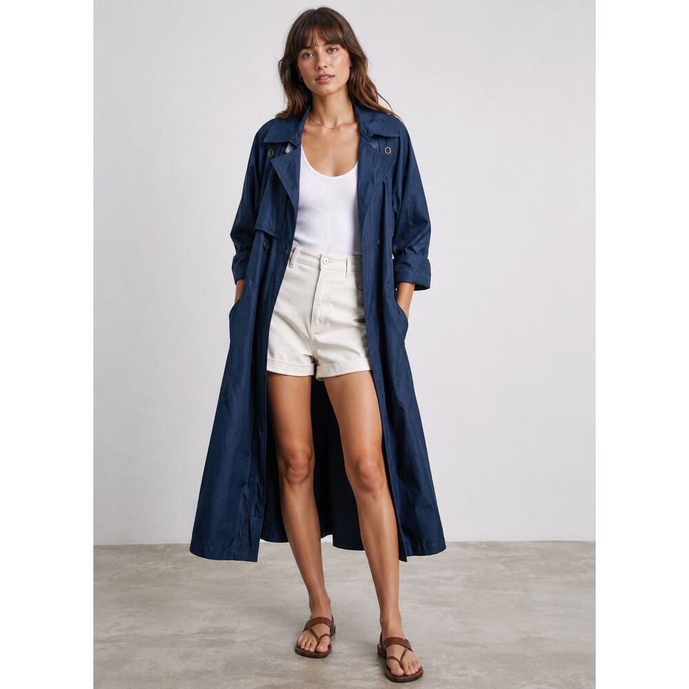 Neiman Marcus 10 Long Trench Coat $399 Belted Rain Jacket Denim Navy Blue - Picture 2 of 16